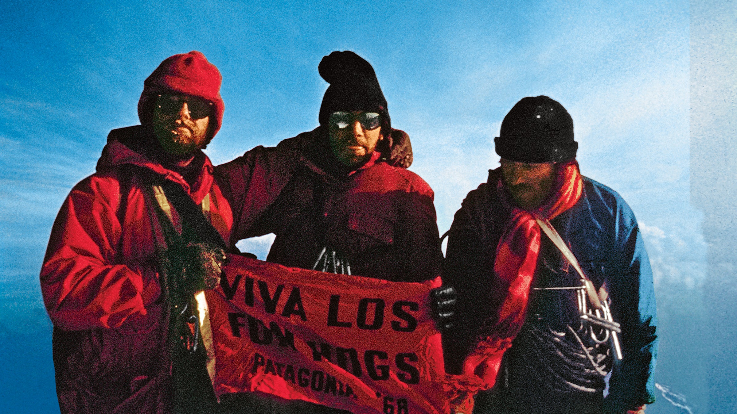 Dec. 20, 1968, 8pm: "Funhogs" from left: Dick Dorworth, Doug Tompkins and Yvon Chouinard on the summit of Fitz Roy. From 'Climbing Fitz Roy, 1968' (Patagonia), page 20.