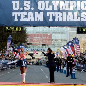 Meb Keflezighi reacts after winning the men's U.S. Olympic Trials Marathon Saturday, Jan. 14, 2012, in Houston. (AP Photo/David J. Phillip)