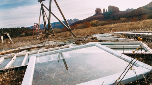 Collins usually works out of a sketchbook, the obvious choice for squeezing into a suitcase or climbing pack. But for this project, he wanted to do something a little grander. “The idea with the windows [set in front of Cathedral Rock] was to find something that already had a story and bring new life into it,” he says.