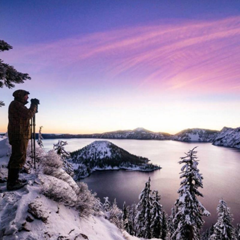 Photographer James Whelan captured this snowy view of Crater Lake at sunrise.