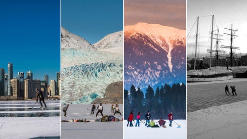 Photographers from all over the world contributed shots of pond hockey moments set against impressive landscapes. A few examples, from left: Rob Nelson captured a player skating across Toronto鈥檚 inner harbor. Ron Gile photographed players passing the puck around below Mendenhall Glacier in Juneau, Alaska. Heidi Long captured a group of local kids playing a game of sunset shinny, hockey-speak for pick-up, in the shadow Montana鈥檚 Swan Range. And Jere Ketola caught two players passing the puck in Helsinki鈥檚 Kruununhaka Harbor.