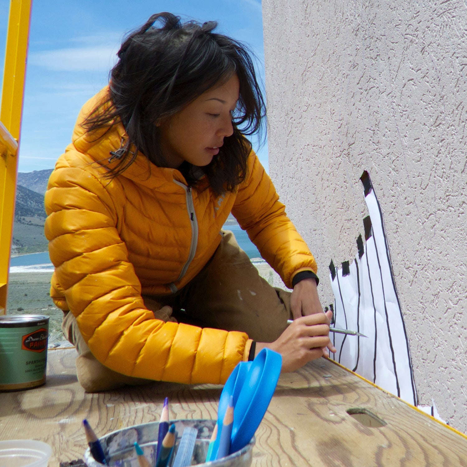 Jane Kim working on her Sierra Nevada Migrating Mural, depicting bighorn sheep.