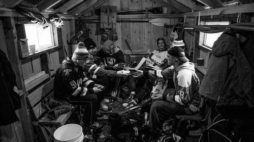 Players take a break in a warming house. These teenagers were in Winchester, Ontario, as part of a hockey exchange program, since they have aspirations to play professionally. 鈥淭hey were like heroes to the little kids out on the ice,鈥 says Wynia.