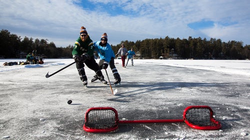 鈥淓ach pond has its own rules,鈥 including what constitutes a goal, says Haines. Over his three weeks of travel, Wynia saw teams aiming their puck toward boots, holes dug into the ground, and traditional nets. 鈥淭here usually aren鈥檛 goalies in pond hockey, so the goal has to be small and hard to score on,鈥 says Wynia. 鈥淧eople aren鈥檛 taking shots from halfway because the ice isn鈥檛 smoothed out鈥攜ou have to be close or it will hit a rough spot that will take it off course.鈥