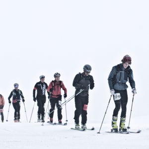 SKIMO competitors during the 2013 Winter Mountain Games in whiteout conditions on Vail Mountain.