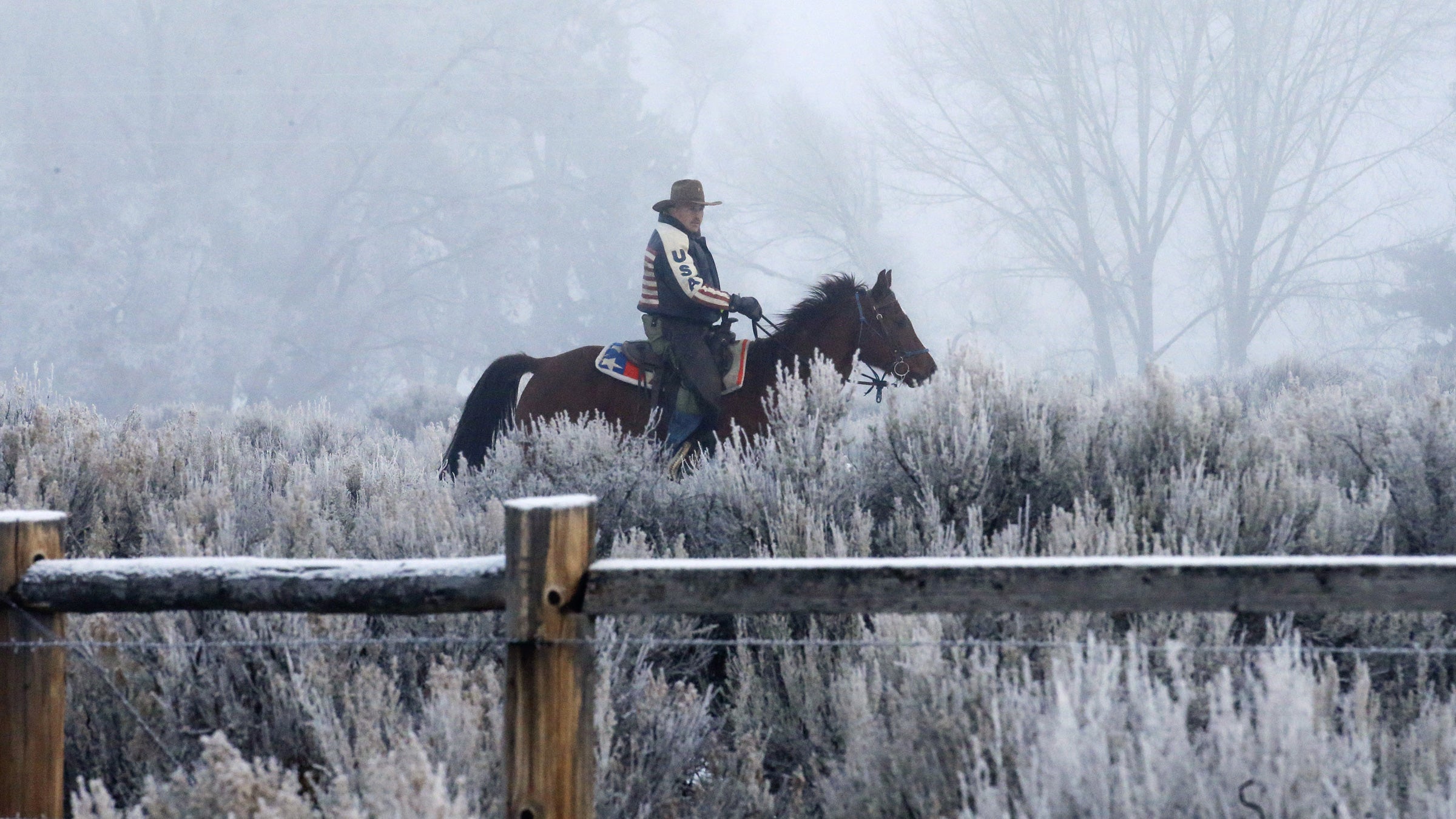 Dwane Ehmer, a supporter of the group occupying the Malheur National Wildlife Refuge, rides his horse on January 7.