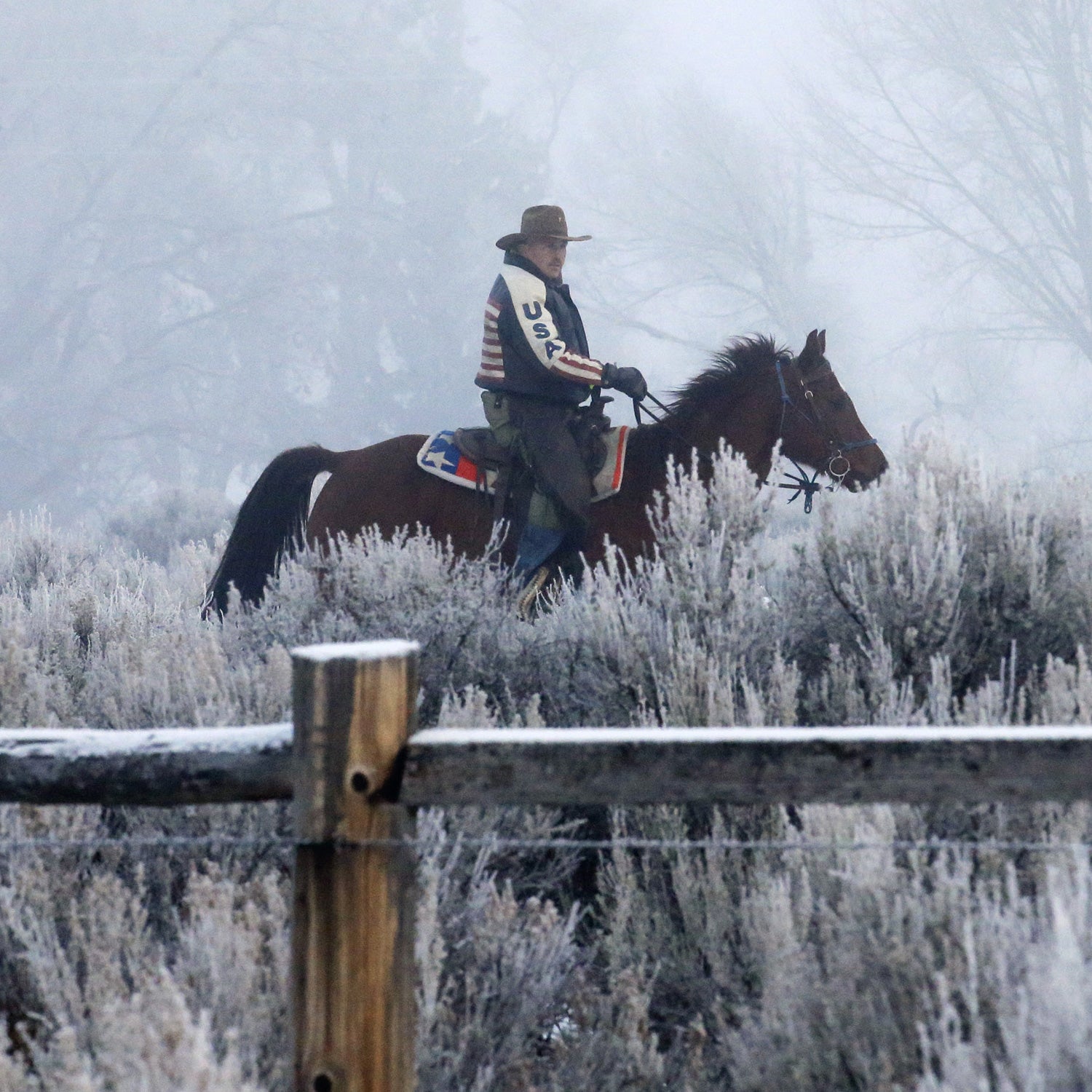 Dwane Ehmer, a supporter of the group occupying the Malheur National Wildlife Refuge, rides his horse on January 7.