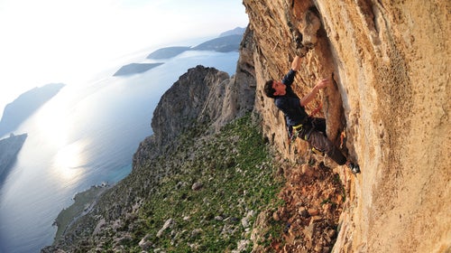 Alex Honnold climbs a limestone route on the Greek Islands