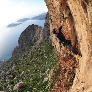 Alex Honnold climbs a limestone route on the Greek Islands
