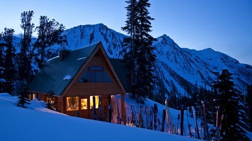 Fairy Meadows Backcountry hut in evening in the Selkirk Range, British Columbia.