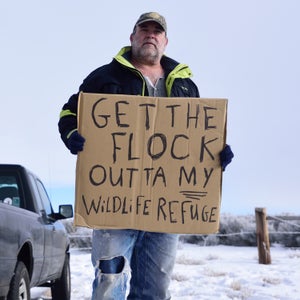 Mark Heckert, pictured on January 11, 2016, is a biologist from Puyallup, Wash. He opposes the occupation of the  refuge headquarters and sees it as the spearpoint of a co-ordinated effort to steal public land from people in the United States. (Photo by Alex Milan Tracy) *** Please Use Credit from Credit Field ***