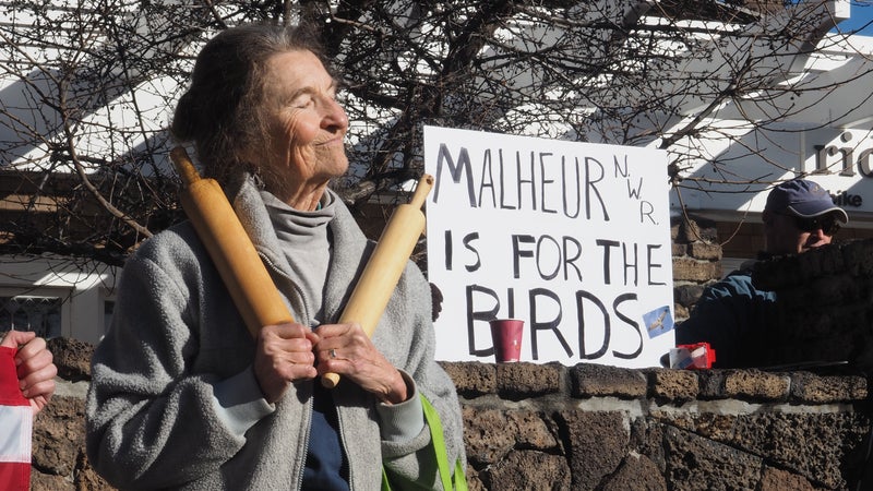 A member of the Great Old Broads for Wilderness protesting in downton Bend, Oregon, on January 15, 2016.