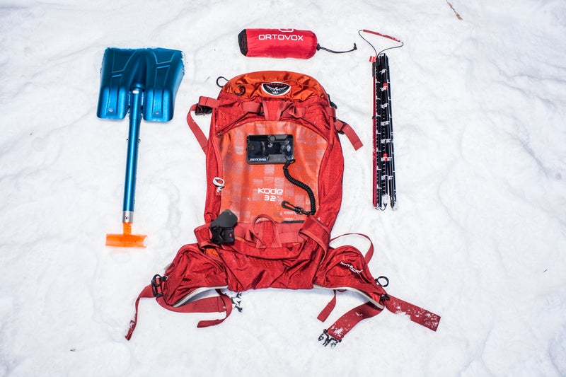 Clockwise from upper left: BCA B-1 Ext, Ortovox Gemini, Black Diamond Quick Draw Tour 240, Osprey Kode 32, BCA Tracker3.