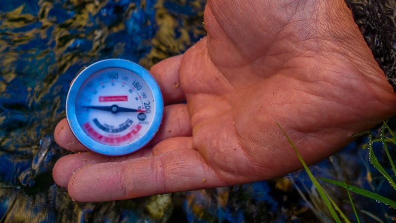 The hot spring pools you bathe in won't be hot enough for sous-vide, but follow the spring towards its source and, with a simple, cheap meat thermometer, you should be able to find a 130°F pool.