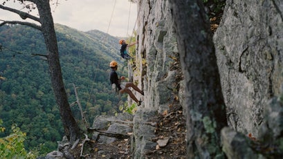 Students ascending a pitch at Seneca Rocks, West Virginia.