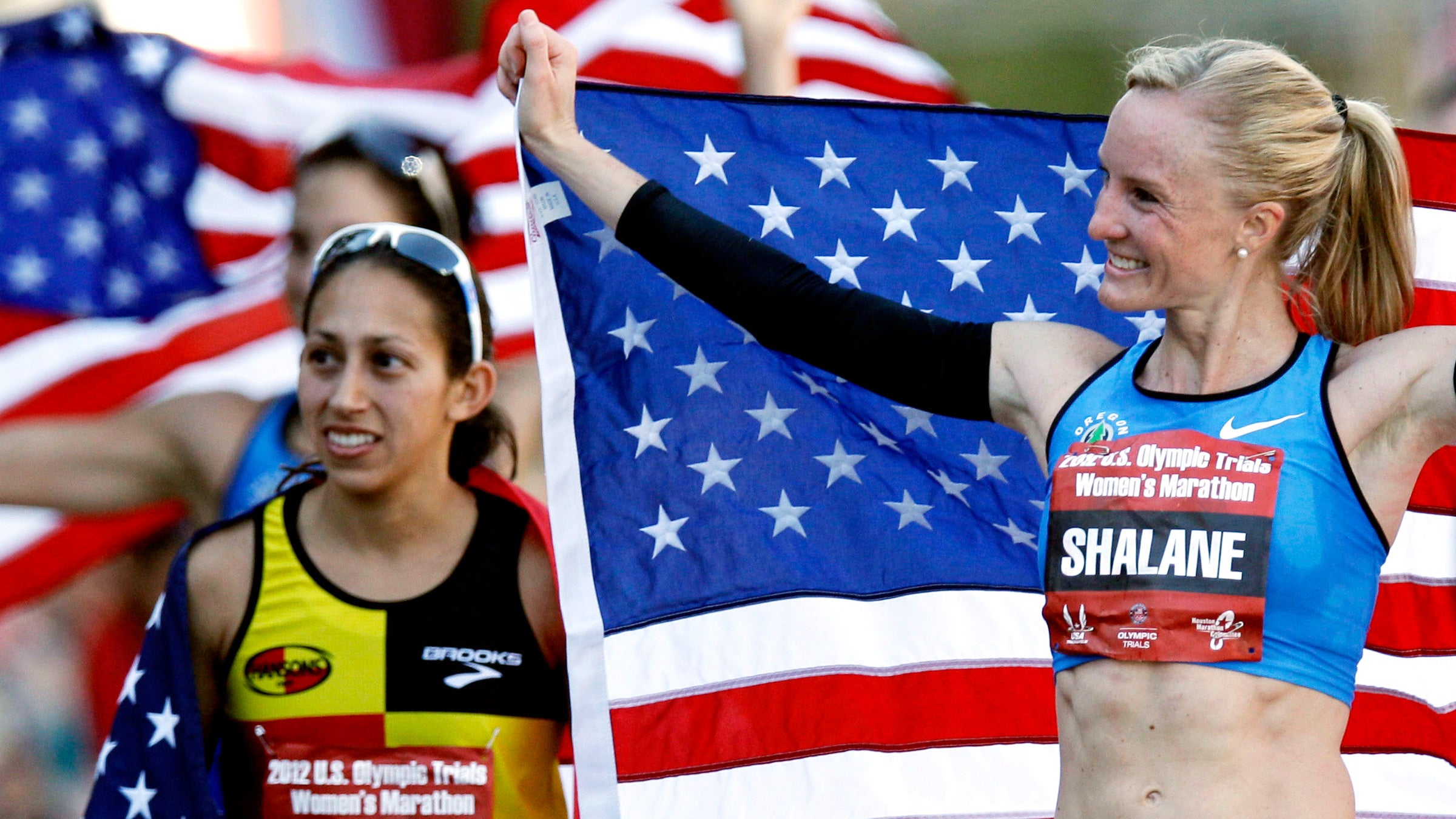 Shalane Flanagan, right, and Desiree Linden, respectively finished first and second at the 2012 U.S. Olympic Marathon Trials.