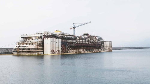 A view of the Costa Concordia from dockside in Genoa.