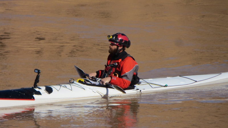 Ben Orkin nears the end of his paddle record on the Colorado River.