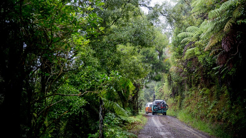 Camper vans on a back road.