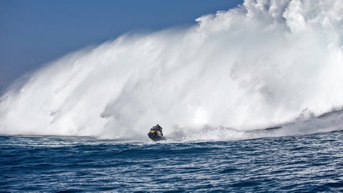 Less than a decade ago, surfers wouldn鈥檛 even entertain the thought of paddling into Jaws. It was assumed the only way to catch waves that big was via a jet ski. Today, Jaw is regularly paddled into. 鈥淏ig-wave surfers鈥 testosterone has gone through the roof,鈥 says Moss. Jet skis, however, are still employed for safety and to shuttle photographers. Here, Danilo Couto, an accomplished big-wave rider, narrowly escapes the impact zone.
