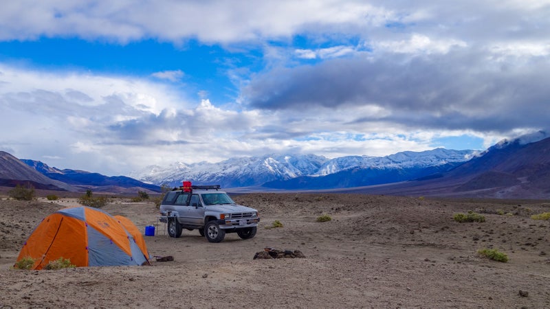 Saline Valley Hot Springs in Death Valley National Park. The not-a-road in is easy but prone to washouts and extreme snow accumulation. Our 4Runner will never get inextricably stuck.