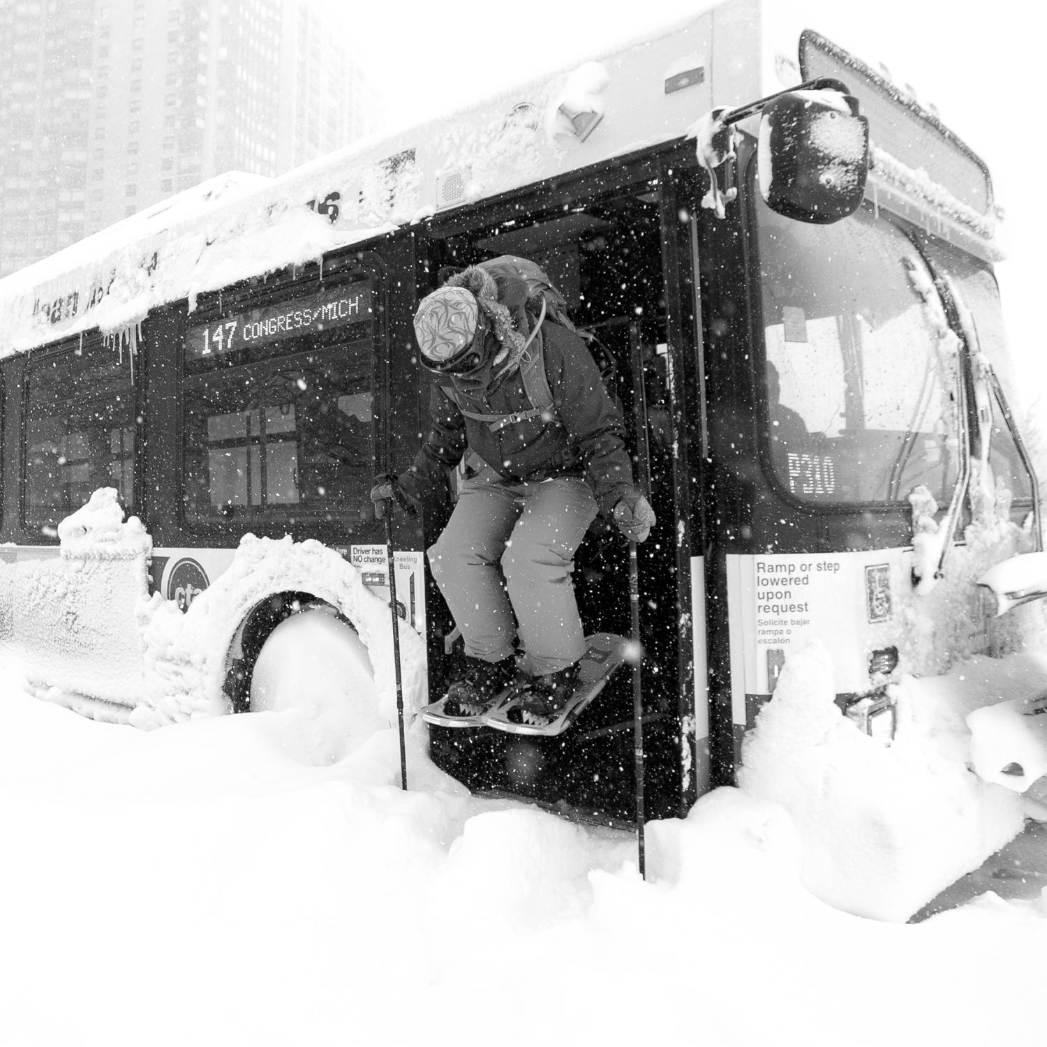 Girl snowshoes around the lakefront during a winter blizzard of historic proportions. Chicago was brought to a near standstill on February 2, 2011 by a blizzard packing the third highest snowfall in the city's history.