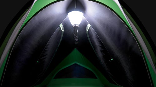 Suspended from the tent ceiling, Sierra Designs' new Night Glow is a clever little bag for your flashlight that provides even, diffused light.