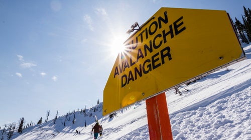 An avalanche warning sign at Whitewater Resort, British Columbia.