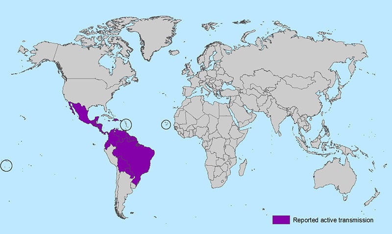 Countries and Territories with active Zika transmission.