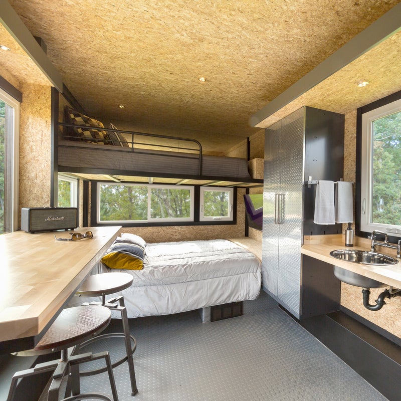 The Sport, which measures 20 by 8.5 by 8 feet, can sleep up to four people, with two in a queen-size bed that converts to a daybed and an optional twin as an upper bunk.