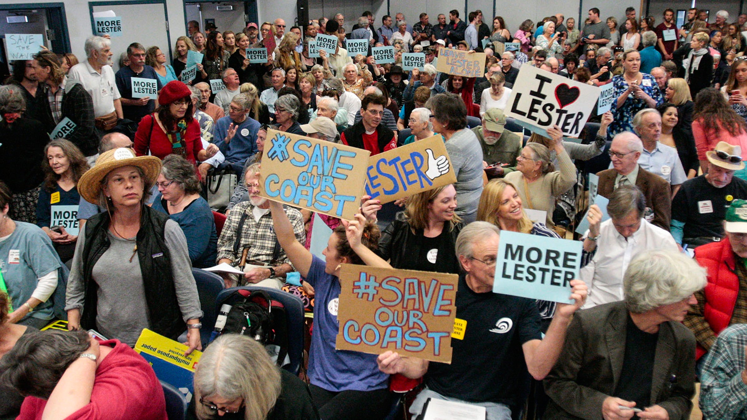 Over 500 attend a California Coastal Commission meeting in Morro Bay on February 10, when there would be a vote on the dismissal of Charles Lester.