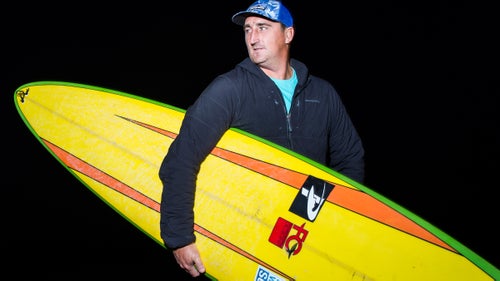 Ben Wilkinson of Narabeen, New South Wales, Australia, with his backup 9'6鈥 surfboard by FCD.