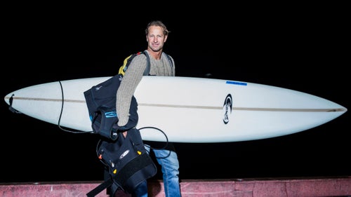 Chris Bertish of Cape Town, South Africa, with a 9’6” Jeff Clark. “This is actually a new one. I tried it yesterday for the first time. Jeff Clark, the pioneer at Mavericks, shapes all my boards and he has for the past 10 years. If you have the right shaper and you know the boards and the equipment, you can stay safe out here.”