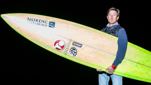 Shane Desmond of Santa Cruz, California with a 9’8” (pictured) and 9’10” by Screwball industries. “It’s shaped by a friend whom I pretty much grew up with, and I’ve been riding his boards for about 15 years.”