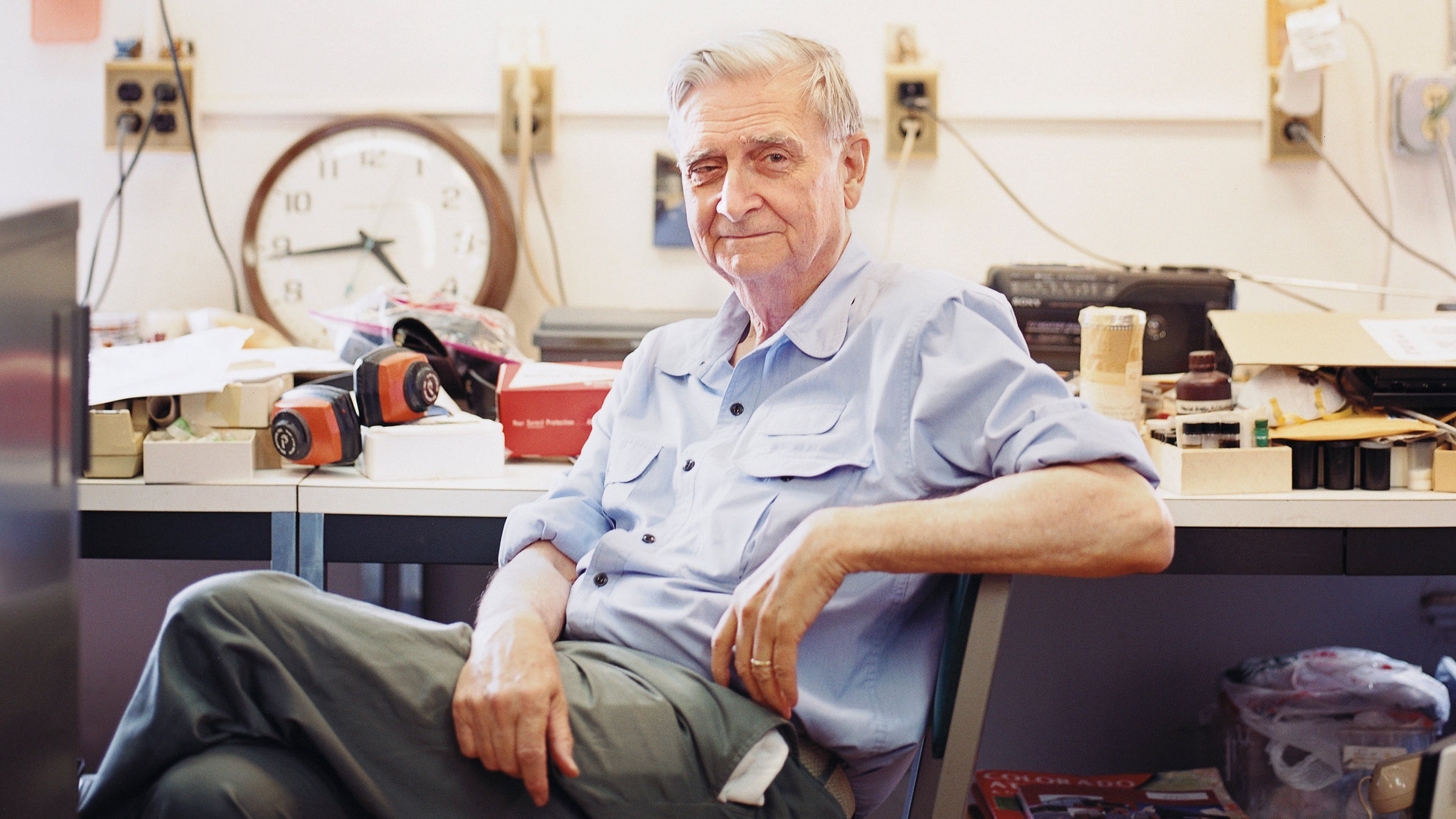 E.O. Wilson in the ant collection room at Harvard University.  