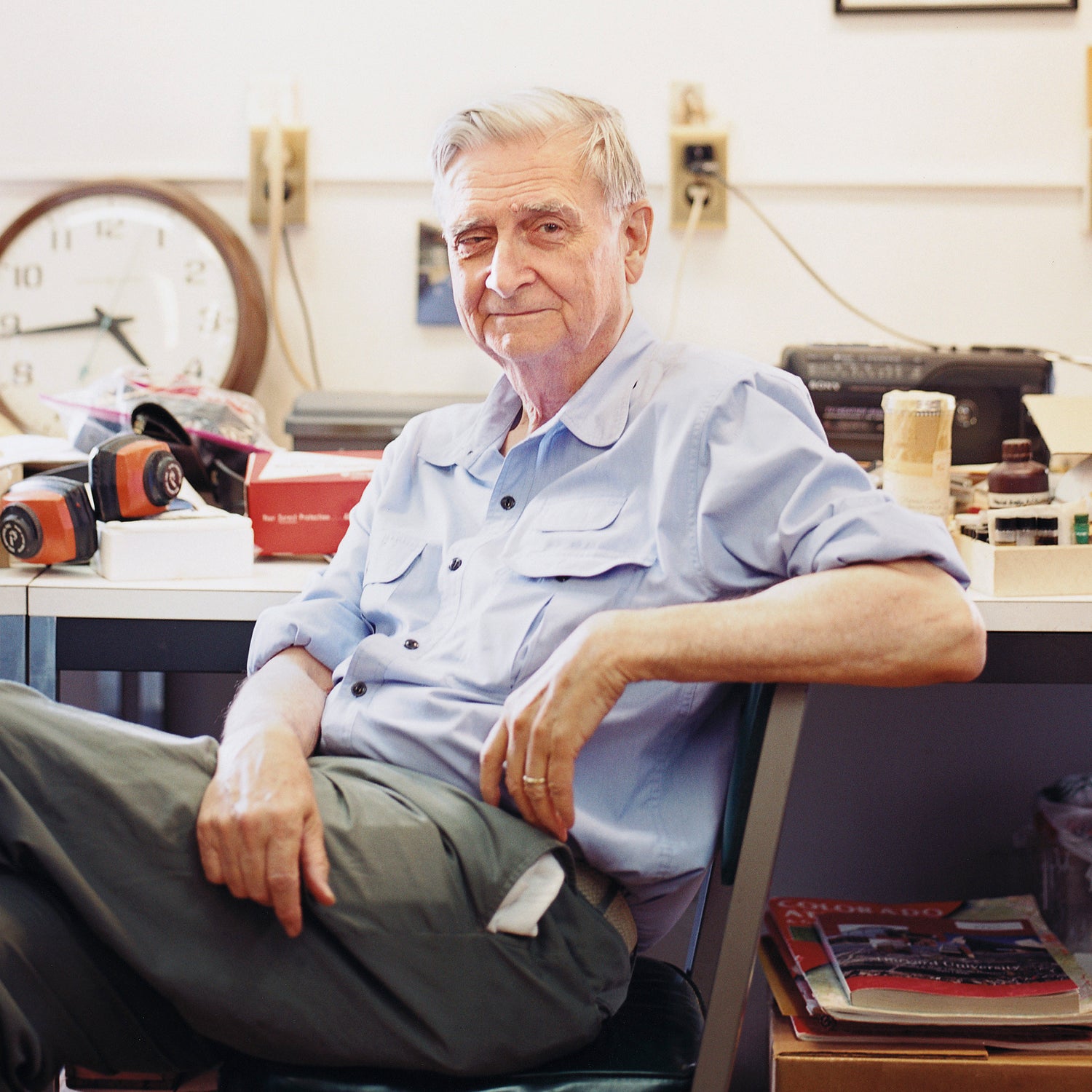 E.O. Wilson sits in the ant collection room at Harvard University.  Wilson is a two-time winner of the Pulitzer Prize for his books 