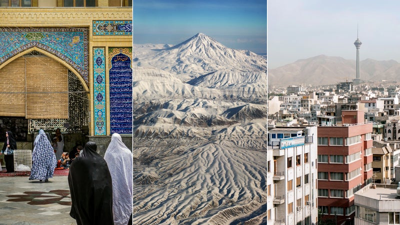 From left: The mosque at Tehran's Grand Bazaar; Mount Damavand; Tehran cityscape.