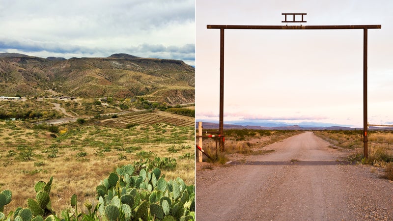 From left: New Mexico's Gila Mountains; The gate at Ladder Ranch.