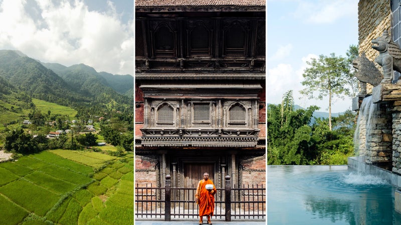 From left: Valley views at Pavilions Himalayas; A monk at Durbar Square in Kathmandu; Afternoon dip.