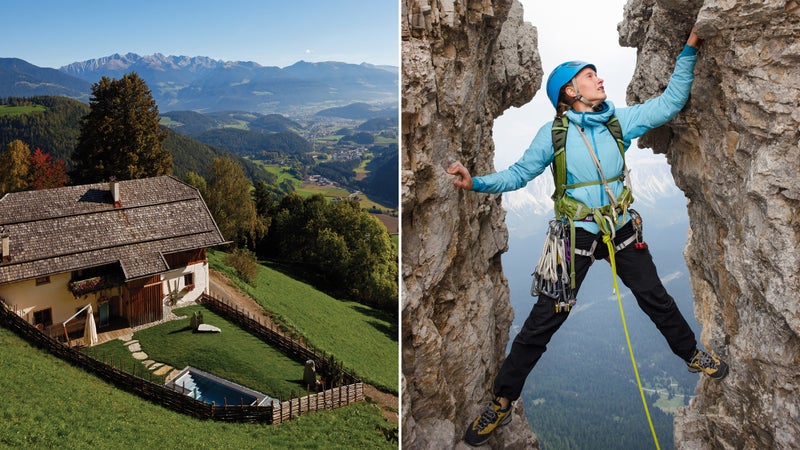 From left: San Lorenzo Mountain Lodge; Getting vertical in the Dolomites.