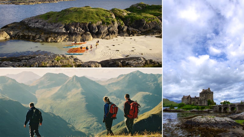 Clockwise from top left: A beach near Arisaig; Highlands hike; Eilean Donan Castle.