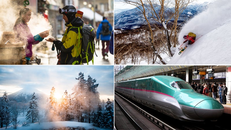 Clockwise from top left: Après action; Japowder; Hokkaido-bound bullet train, Tokyo; Hokkaido.