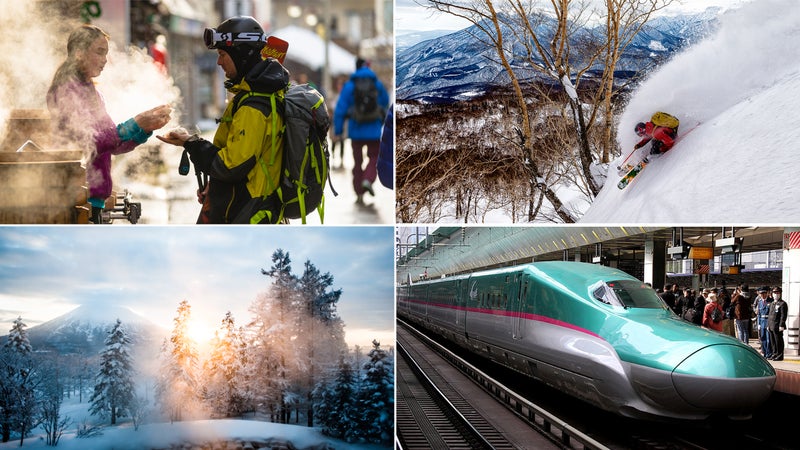 Clockwise from top left: Apr猫s action; Japowder; Hokkaido-bound bullet train, Tokyo; Hokkaido.
