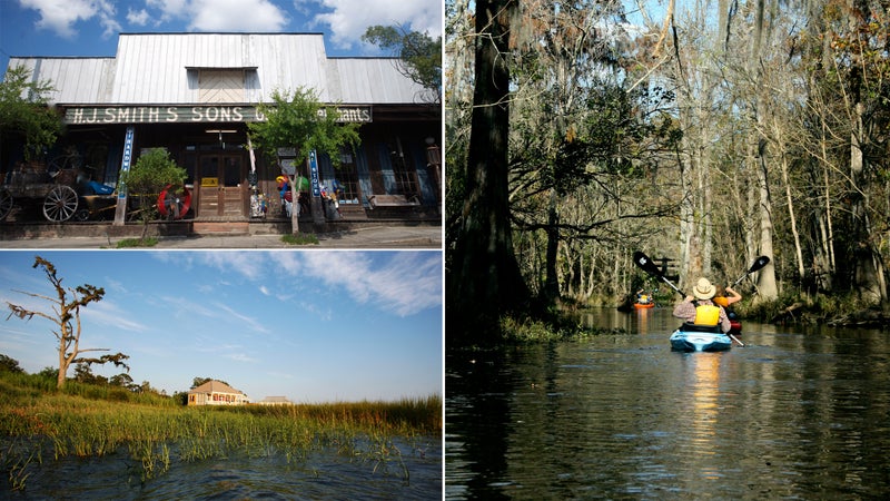Clockwise from top left: Downtown Covington; Louisiana paddling; Northshore cabin.