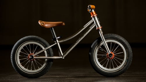 The nicest kid鈥檚 bike around, the Triton
Mitrich is a custom titanium Strider-style ride with a Chris King headset and hubs on 12-inch wheels.
