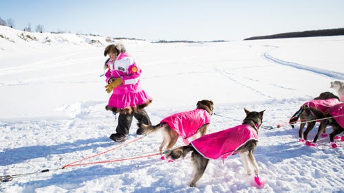 DeeDee Jonrowe leaves the Huslia checkpoint during the 2015 Iditarod. Jonrowe, a 62-year-old cancer survivor, is a legend of the sport. She has run the Iditarod 35 times, with 16 top-ten finishes.