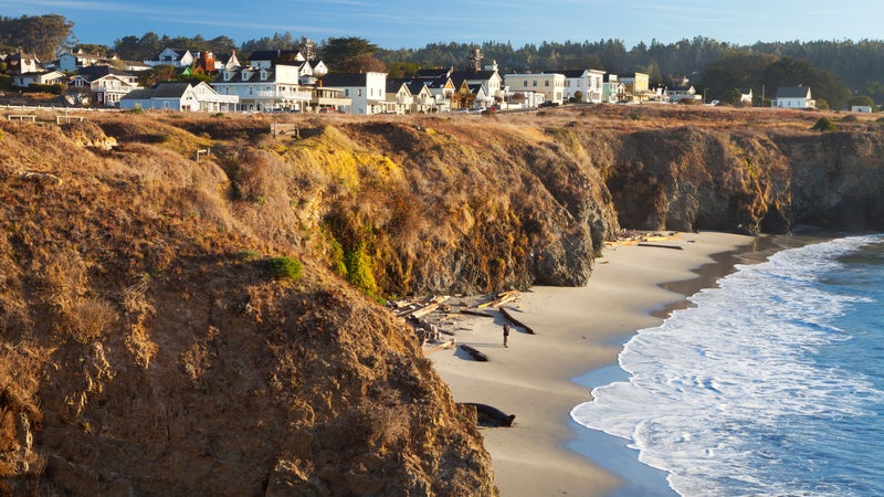 Mendocino cliffs and beach on a sunny day