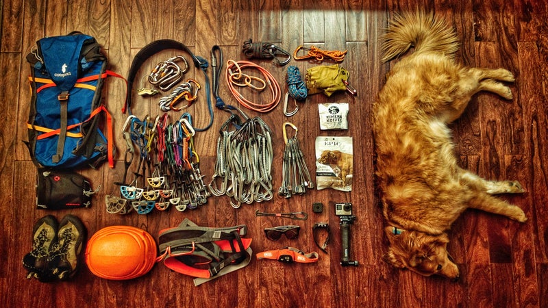 Chris' gear dump before a trad climb.