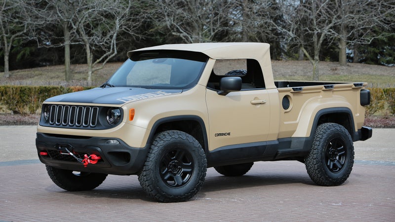 The Comanche concept attaches a pickup bed to the compact Renegade SUV. We won't be getting a Renegade pickup, but that platform may see future development.