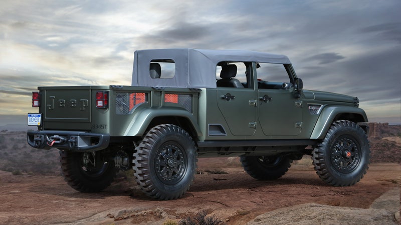 The next Jeep Wrangler will include a pickup truck somewhat similar to this Crew Chief concept, but will do without that stamped logo on the tailgate. Look beyond the concept car frippery and faux military tchotchkes and you might just see your next truck.